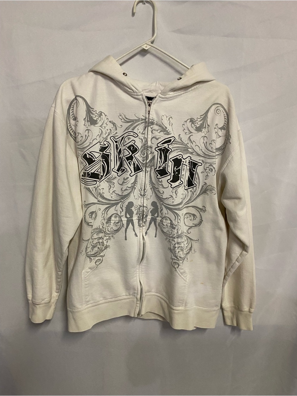 Skin Y2K White Graphic Zip-Up Hoodie-Vintage